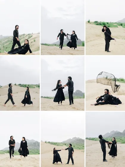 A grid collage showcasing the variety of poses and moods from a single sand dune pre-wedding session.