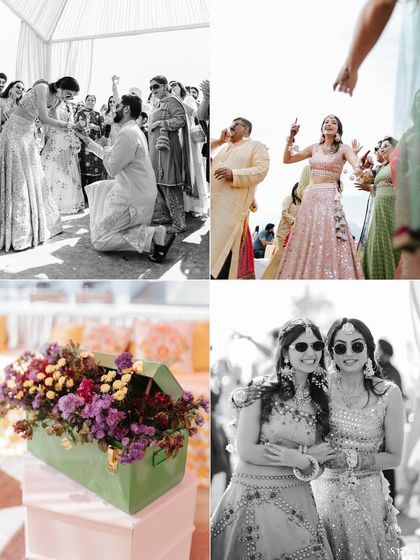 A collage of candid moments from Rohit and Mehak's Mehendi, including a proposal, dancing, and friends enjoying the celebration.
