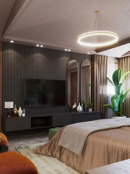 This bedroom design incorporates a bold, tropical-print wallpaper as a feature wall. Our renders show how to balance a strong pattern with sophisticated furniture and lighting for a chic, contemporary look.