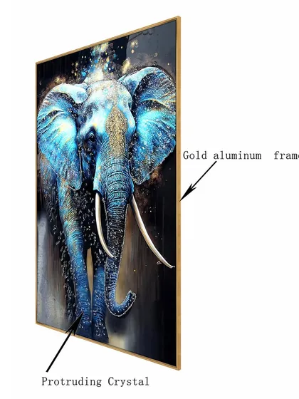 This side view shows the quality of our crystal glass paintings, featuring a gold aluminum frame and protruding crystals that give the artwork depth. The details on this blue elephant piece are designed to catch the light from every angle.