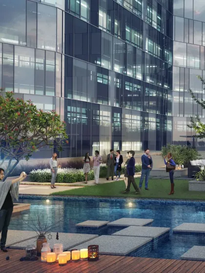 This image captures the social potential of mixed-use design. A rooftop terrace provides a space for informal gatherings and events, transforming a commercial building into a community asset.