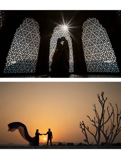 A collage of silhouette shots from Rajat and Surbhi's shoot, one against a jali window and another at sunset in the desert.