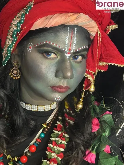 A powerful, direct gaze captures the divine essence of the Lord Krishna character makeup.