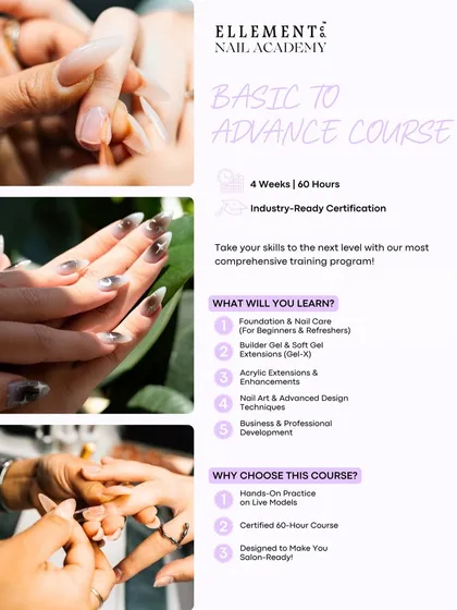 Your complete roadmap from beginner to salon-ready professional. This 60-hour certified advance nail course covers everything from foundational nail care and builder gel to acrylic extensions and business development.