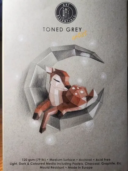 The finished geometric deer drawing on toned grey paper. This was a fun piece to test how different pencils work on this surface.