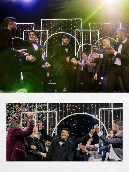 The groom and his groomsmen take over the dance floor, with candid shots of their energetic performance and celebration.