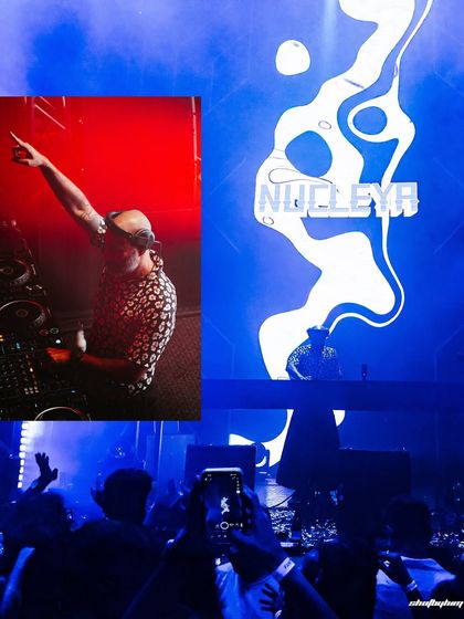 A collage of Nucleya pointing to the crowd, combined with a wide shot of the stage and his logo on the screen.