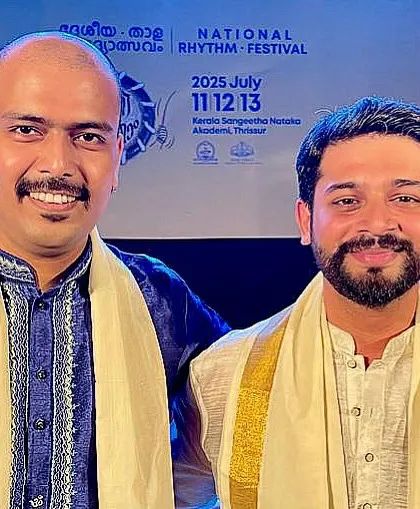 A post-performance photo with pakhawaj player Sukhad Munde, feeling the energy after our jugalbandi.