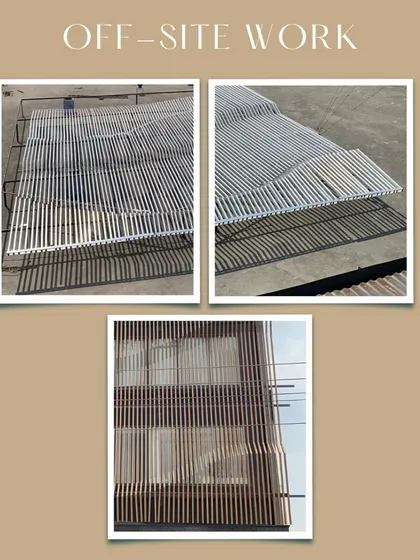 To ensure efficiency and quality for a South Delhi office facade, we used off-site fabrication for these lightweight aluminum slats. My role includes coordinating such pre-fabrication and delivery, a key part of modern construction management that keeps projects on schedule.