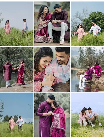A grid collage showing the variety of shots from a single pre-wedding session, including both traditional and casual looks.