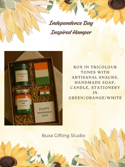 An Independence Day inspired hamper idea, with items in tricolor tones like artisanal snacks, handmade soap, and a candle.