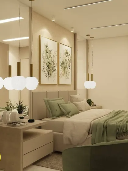 A mirrored panel next to the bed reflects the room, making it feel more spacious and bright.