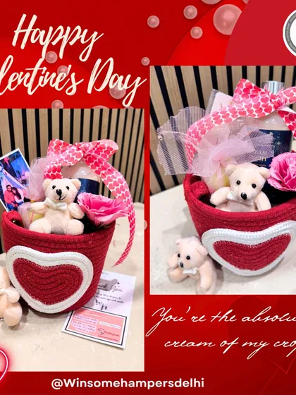 "You're the absolute cream of my crop." This Happy Valentine's Day hamper is a sweet and romantic gesture, complete with teddy bears and a personalized photo.