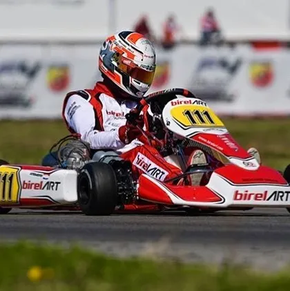 Driver Marijn Kremers in his number 111 kart during a qualifying session for the WSK Euro Championship, where he secured a P2 start out of 80 drivers.