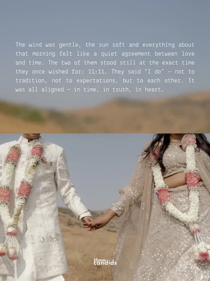 Holding hands, with garlands exchanged. The text overlay speaks of their 11:11 wish, a moment of alignment in time, truth, and heart.