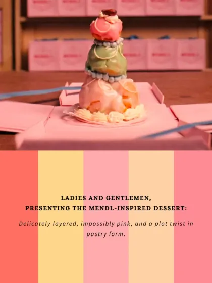 A dessert fit for M. Gustave himself. For our Grand Budapest Hotel screening, we recreated the legendary Mendl's Courtesan au Chocolat, a delicately layered pastry that serves as the sweet, impossibly pink climax to a whimsical five-course European feast.