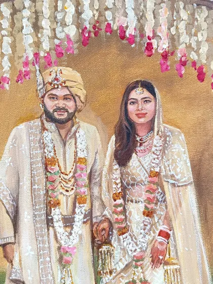 A close-up of the couple from the Heritage Village Resort wedding. Their ivory and cream outfits looked stunning against the backdrop.