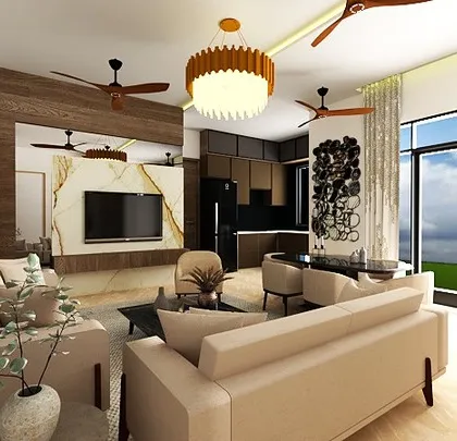 This render shows how natural light from large windows can brighten up a luxurious living room. The design incorporates multiple ceiling fans and a statement chandelier for both function and style.