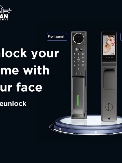Your face is now your key. This is our advanced facial recognition smart lock, offering truly touchless entry. The front panel includes a high definition camera and a discreet keypad, while the back panel has a screen to see who is at the door.