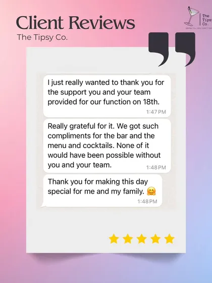 "We got such compliments for the bar and the menu and cocktails." This feedback highlights the success of our core offerings and the value we bring to our clients' special day.