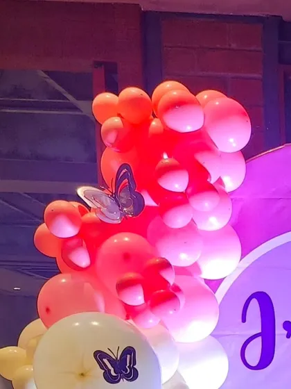 Close-up of the balloon garland with butterfly accents, showing the attention to detail in this themed setup.