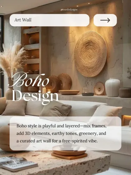 A boho style art wall is playful and layered. We mix frames, add 3D elements, use earthy tones, and incorporate greenery for a free-spirited vibe.