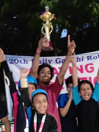 A proud moment for the Black Diamond crew. We celebrated a big win at the Rajiv Gandhi Skating Competition, holding the first place trophy high. My students' hard work and dedication always pays off.