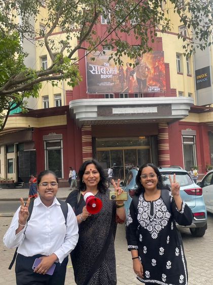 Outside a cinema hall in South Mumbai, a constituency with historically low voter turnout, encouraging people to make their vote their voice.