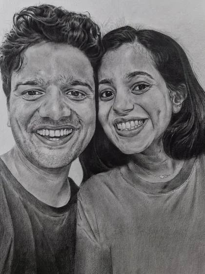 A happy couple captured in a custom graphite sketch. I can turn your favorite selfie or photo into a romantic piece of art.