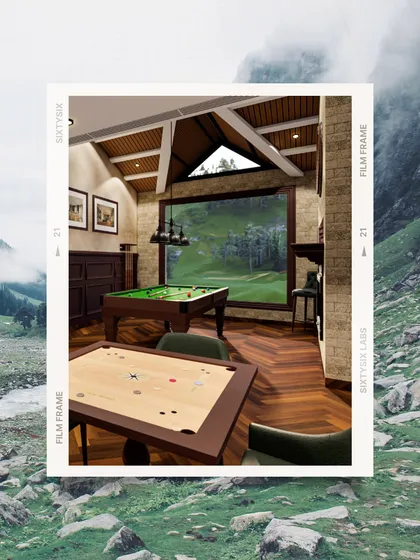 The planned recreation room at ITC Narkanda, featuring a pool table and carrom board. The room is designed with wood-paneled walls and a large window overlooking a green landscape, creating a classic club feel.