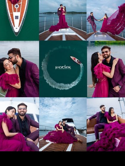 A collage of moments from the yacht photoshoot, showing the versatility of the magenta gown and the stunning photos you can achieve.