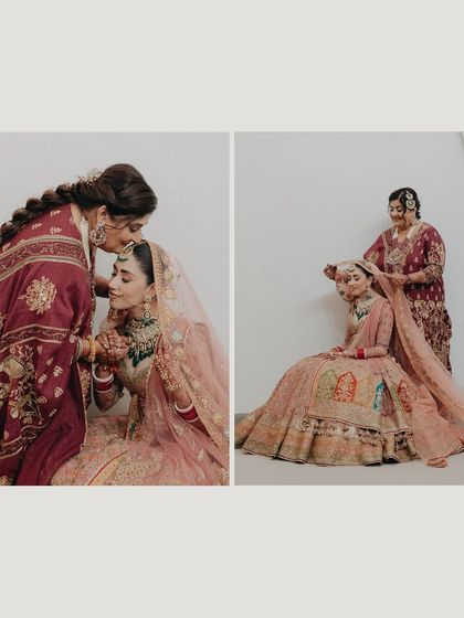 A touching diptych of the bride Ragini with her mother. These images capture the emotional and supportive bond between them during the getting-ready process.
