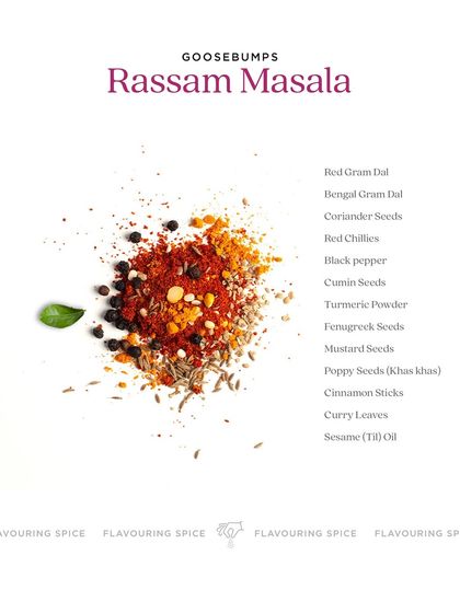 A beautiful deconstruction of the ingredients in my Rasam Masala. You can see the red gram dal, black pepper, mustard seeds, and curry leaves that are ground together to create this flavourful blend.