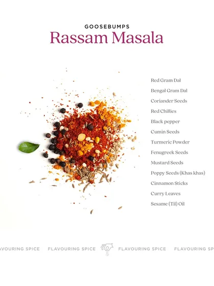 A beautiful deconstruction of the ingredients in my Rasam Masala. You can see the red gram dal, black pepper, mustard seeds, and curry leaves that are ground together to create this flavourful blend.