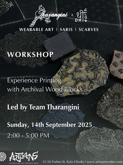 An announcement for our workshop at the Artisans' Centre in Mumbai, where participants can experience printing with our archival woodblocks.