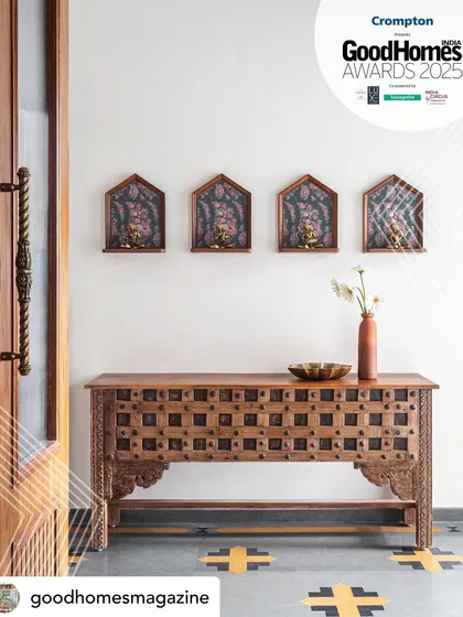 The foyer of Prangan, with its repurposed teak console and custom stone flooring, was another key element highlighted in our award-winning feature for "Crusader of Indian Designs."