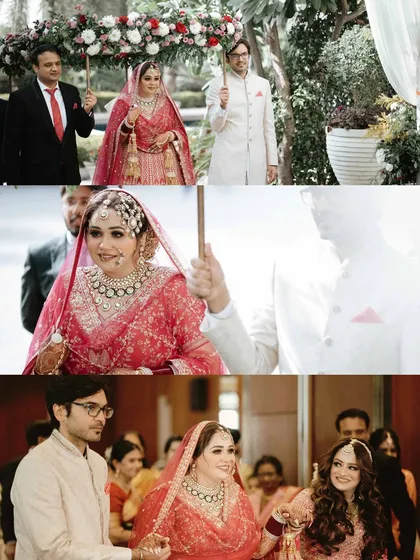 A collage telling the story of the bridal entry. The bride walks under a beautiful 'phoolon ki chaadar', her face filled with a mix of emotions.