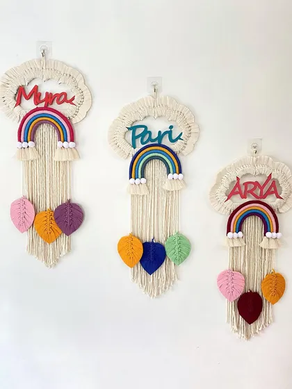 Seeing my custom name signs together makes me so happy! Each one is designed for a special little one, with unique color combinations for the names and the macrame leaves. These personalized nursery signs are my most requested item.