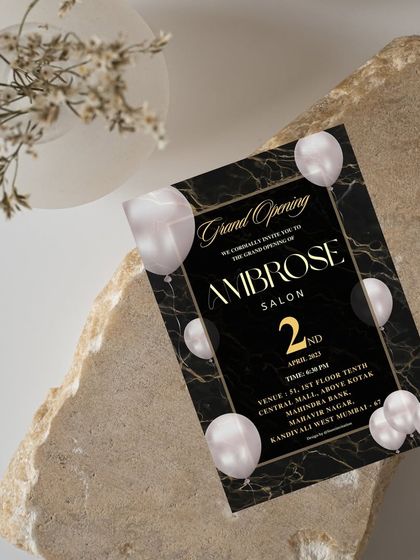 To announce the launch of Ambrose Salon, I designed this grand opening invitation. The design uses a luxurious black marble texture, gold foil accents, and glossy balloons to create a sense of excitement and exclusivity.