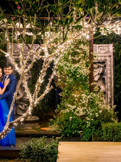 A full view of the garden at night, showcasing the beautiful lighting on the trees and pathways that create a magical environment.
