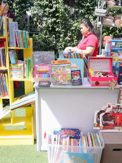 A full view of my book stall at a recent event. I always bring a diverse, handpicked collection, including storybooks, activity books, and unique finds to catch everyone's interest.
