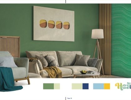 The "Heal" mood board, featuring a calming palette of greens, blues, and earthy tones. This theme focuses on creating serene and restorative spaces through thoughtful color application.