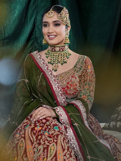 A regal Nikah bridal look. The rich colors of the outfit are complemented by a warm, glowing makeup look with defined eyes and a natural lip color. The traditional jewelry completes this timeless ensemble.