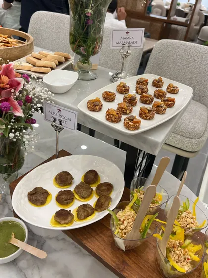 A selection of our bite-sized appetizers for a brand launch, including mushroom galouti and mamba marmalade bites. Our food is designed to be easy to eat while networking.