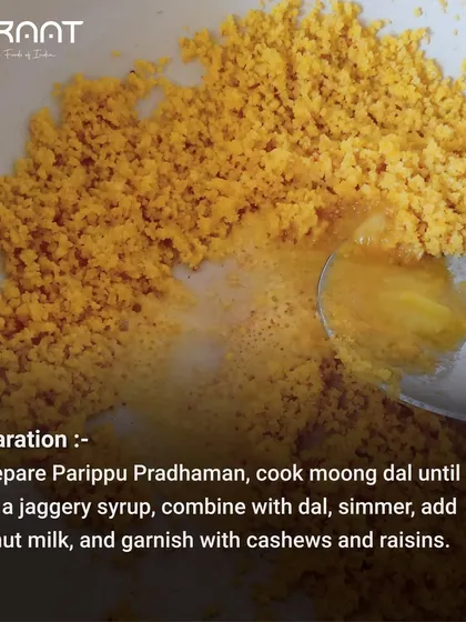 To prepare Parippu Pradhaman, I cook moong dal until soft, combine it with a jaggery syrup, and simmer with coconut milk.
