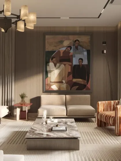 A collection of views from a contemporary living room, where neutral tones and varied textures create a calm, sophisticated environment. We've focused on the interaction of different materials, from the plush striped chairs to the marble coffee tables.