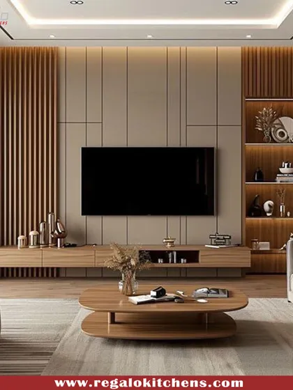 A warm and inviting living room unit featuring full-wall wood paneling. The floating console and open shelving offer a balanced composition for media and decor.