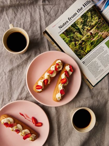 A perfect afternoon break with our Strawberry & Cream Eclairs and a cup of coffee.