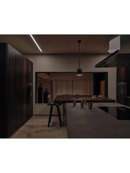 The kitchen is designed with a dark, moody palette, featuring dark wood cabinetry and a concrete-finish island. The open window connects it to the dining area, making it a social space.