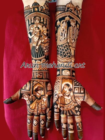 A very dense and intricate design featuring multiple wedding scenes, including a sindoor ceremony and a family portrait.